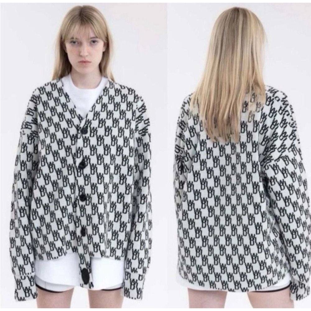 We11done Jacquard Logo Cardigan Sweater Size Small Black White Luxury Cashmere